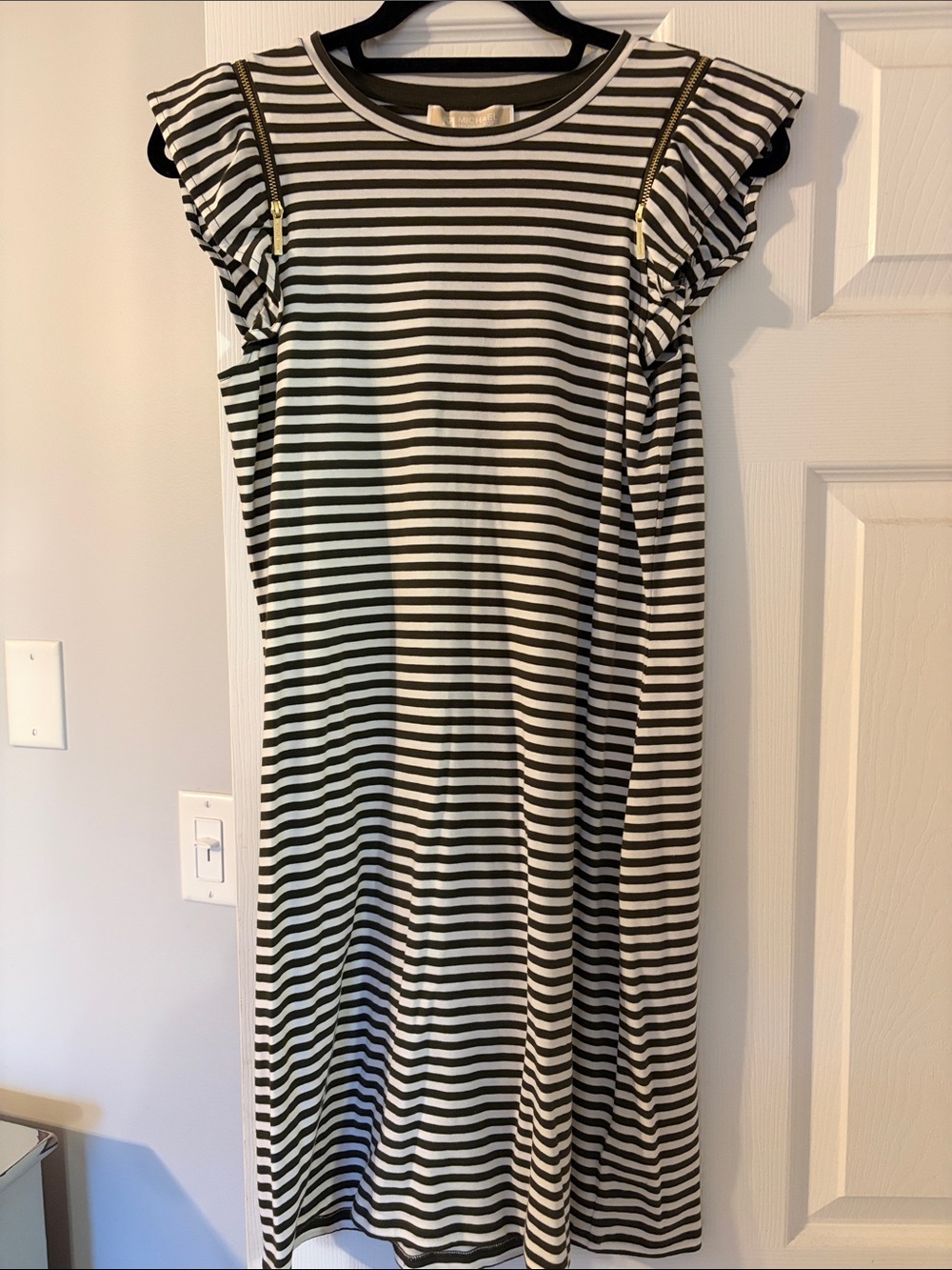 Michael Kors Green and White Striped Ruffle Sleeve with Gold Zipper Detail